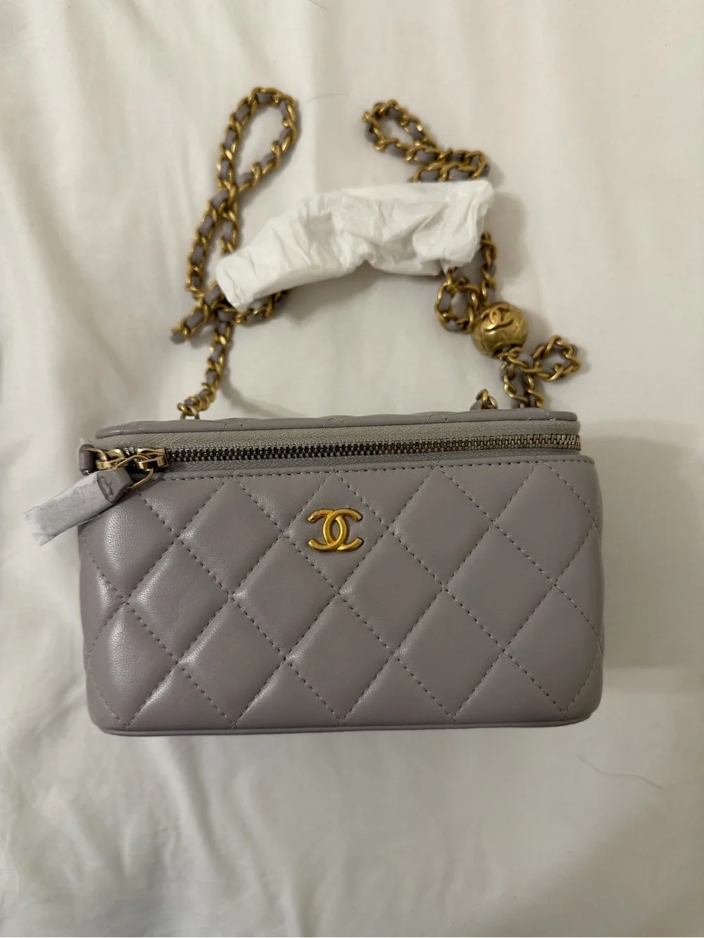 CHANEL Quilted Lambskin Pearl Crush Vanity in Gray with Gold Hardware